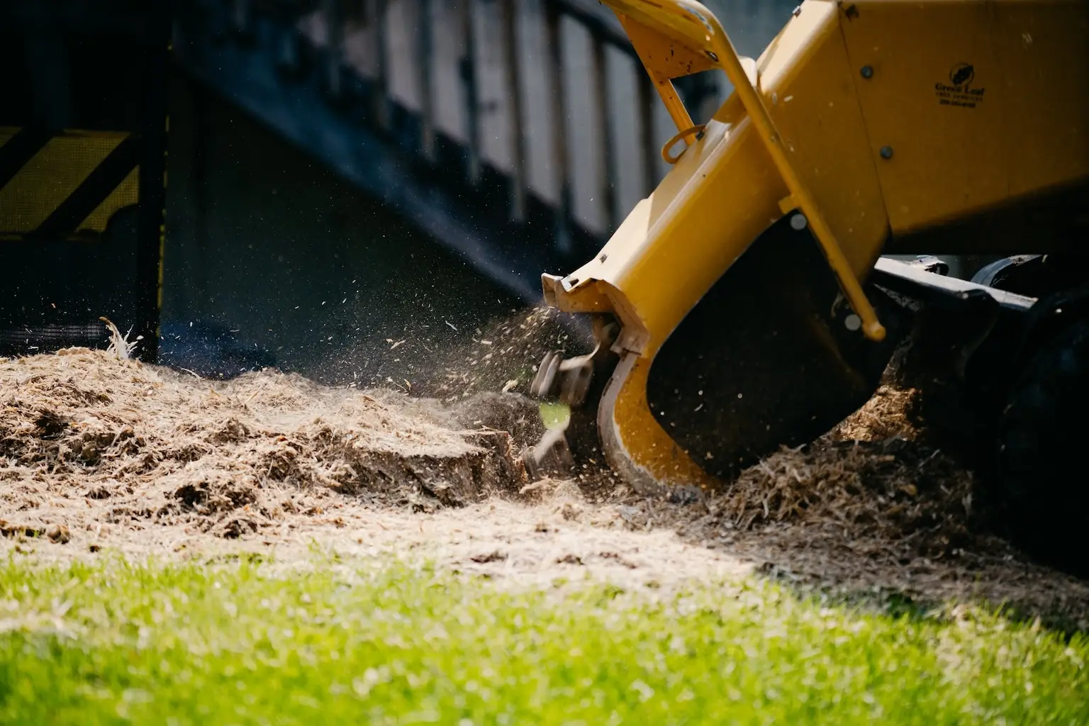 A yellow stump grinder working away at a stump in Tucson.