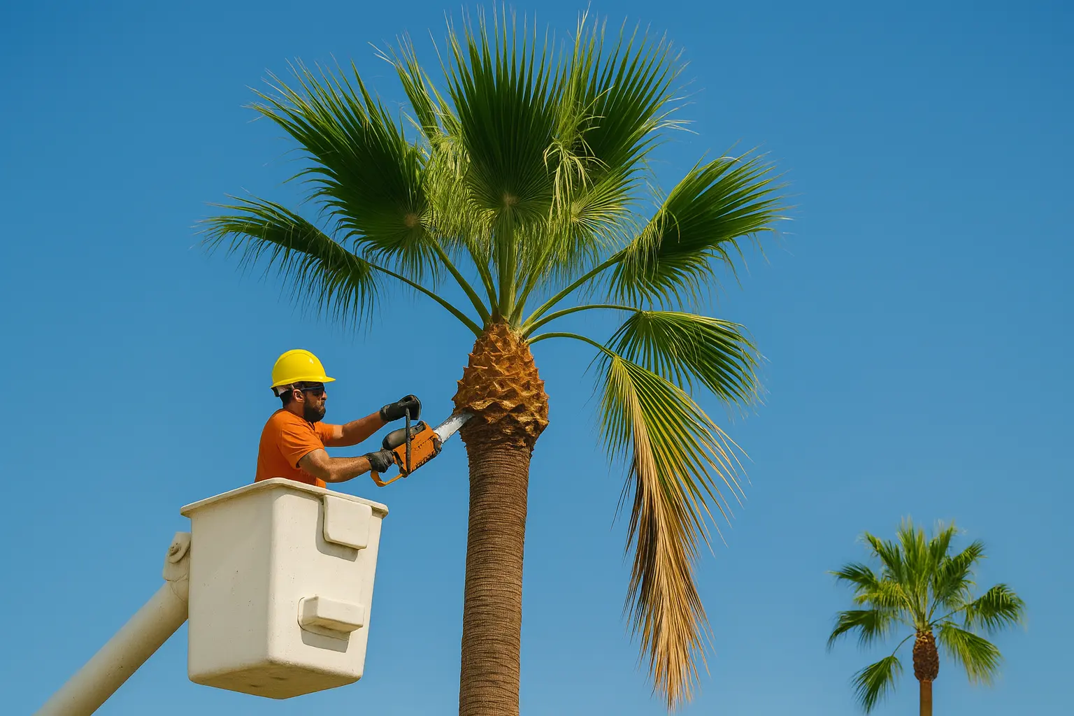 Palm tree trimming in Tucson by arborist in bucket truck