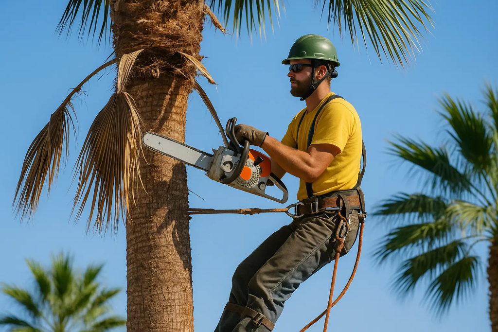 Worker with a chainsaw suspended to a tree in Tucson performing trimming
