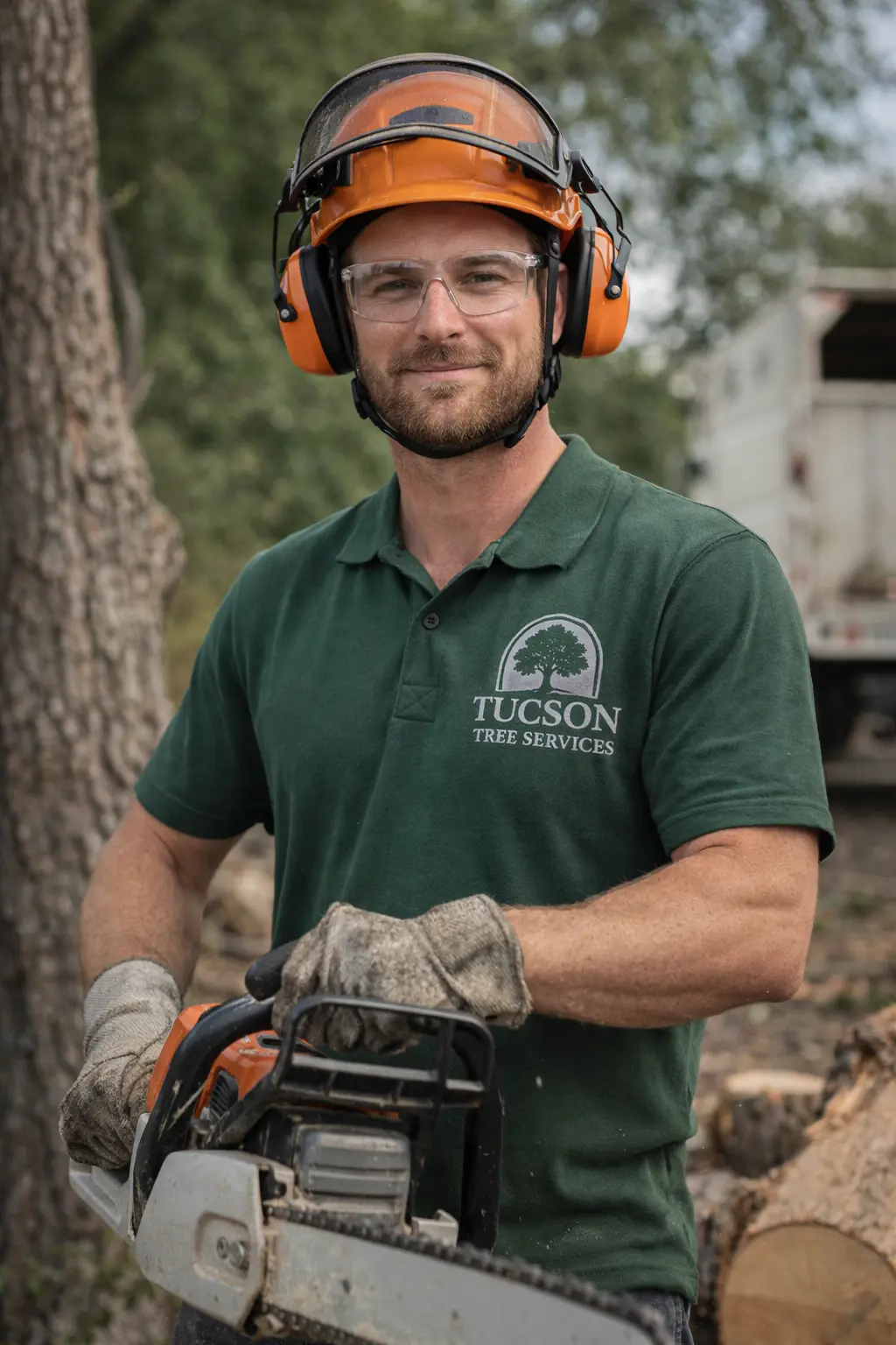A worker in green uniform holding a chainsaw with his foot on a tree.